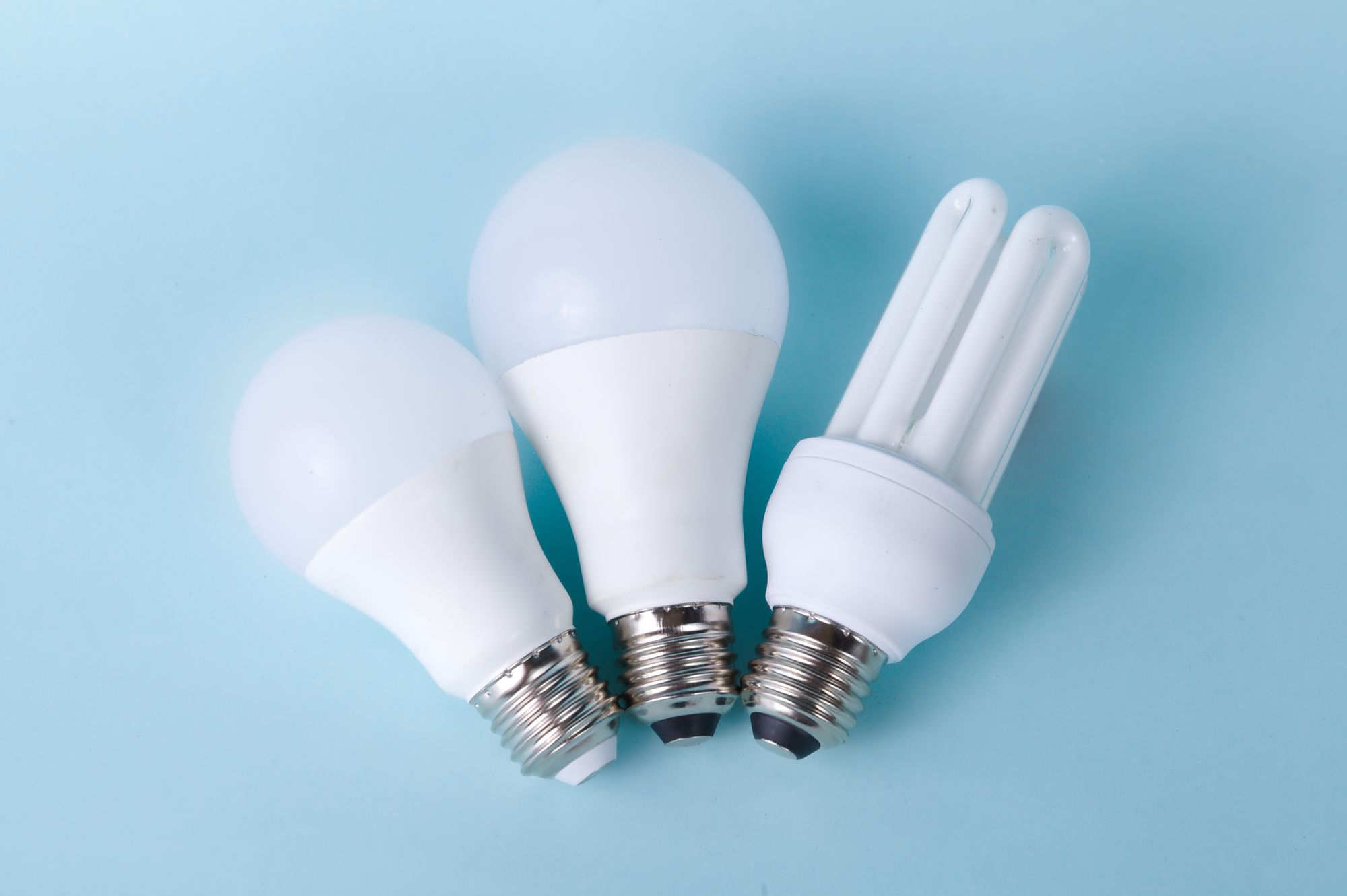 Trois ampoules, LED et fluocompacte, posées sur un fond bleu clair