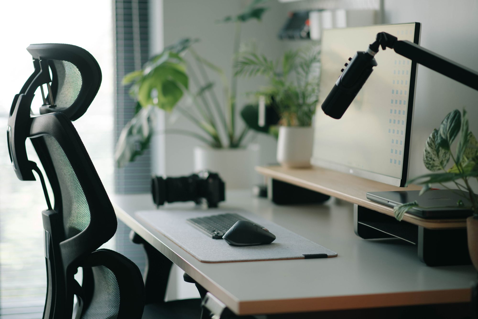 Chaise de bureau ergonomique à dossier résille devant un bureau de télétravail avec plantes